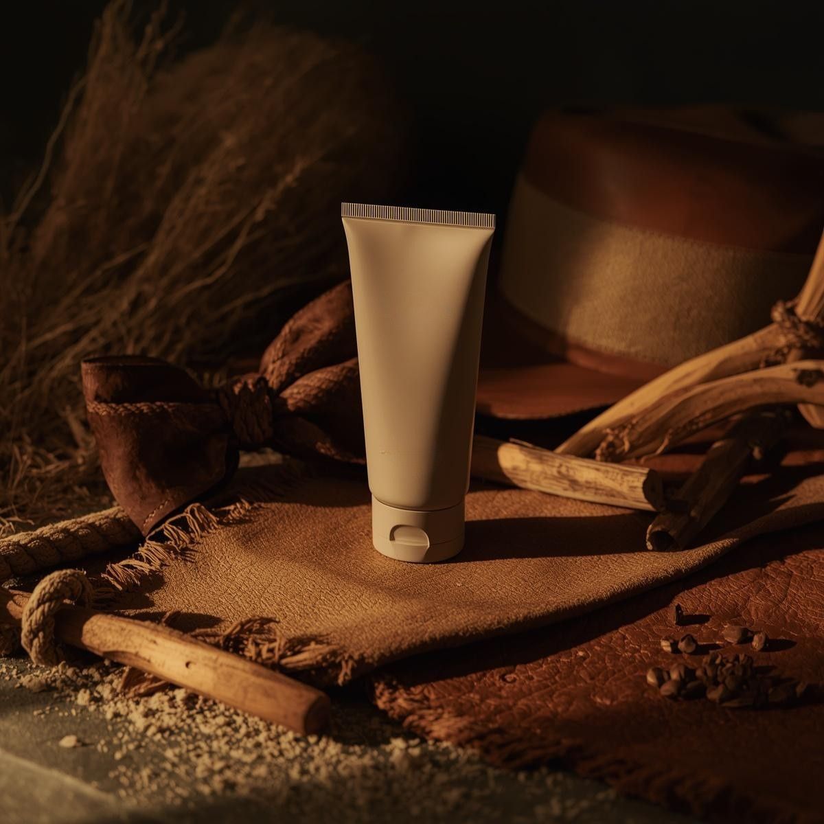 Bisnaga de creme elegante posicionada sobre um pedaço de couro legítimo envelhecido. Ao redor, um laço de corda artesanal e um chapéu de couro rústico ao fundo. A composição conta com ramos de sândalo e cedro, sugerindo visualmente um aroma amadeirado e uma sensação de proteção e vigor.