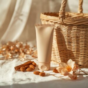 Bisnaga de creme elegante ao lado de um cesto de vime com amêndoas, paus de canela e flores de laranjeira, estética de viagem e conforto.
