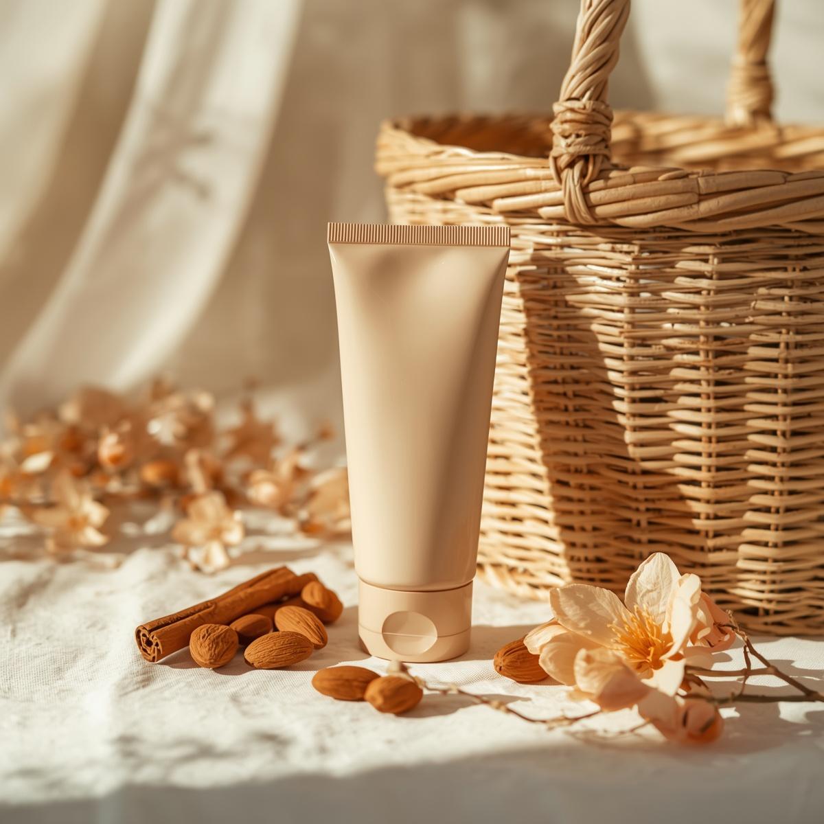 Bisnaga de creme elegante ao lado de um cesto de vime com amêndoas, paus de canela e flores de laranjeira, estética de viagem e conforto.