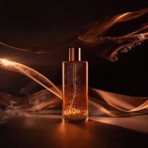 Frasco de loção corporal com brilho acobreado e partículas iluminadoras, refletindo a luz, simbolizando a energia vibrante e o movimento de Iansã.