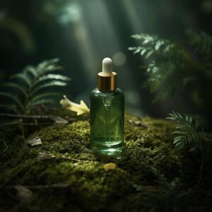 Frasco de vidro verde musgo posicionado dentro de uma floresta vibrante, sobre musgo real, com uma flecha de madeira em miniatura e folhas de samambaia ao fundo.