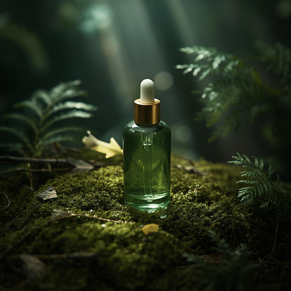 Frasco de vidro verde musgo posicionado dentro de uma floresta vibrante, sobre musgo real, com uma flecha de madeira em miniatura e folhas de samambaia ao fundo.