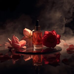 Frasco de vidro âmbar com óleo rosado, cercado por flores de dama-da-noite e rosas vermelhas abertas, sobre uma superfície de espelho que reflete o brilho do frasco.