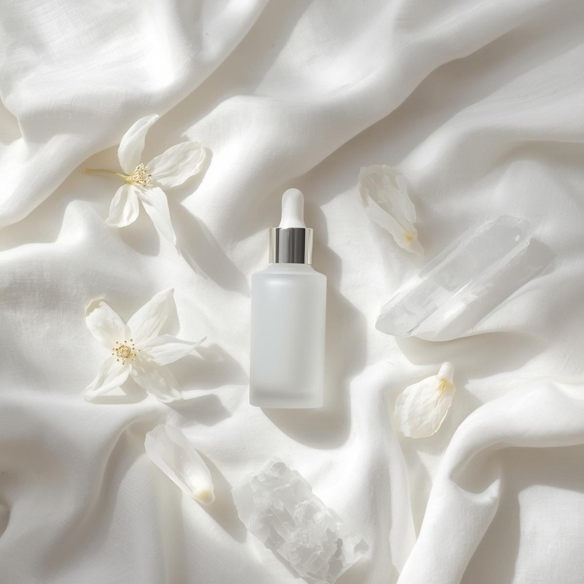 Frasco de vidro branco leitoso em um ambiente minimalista e muito iluminado, sobre um tecido de linho branco, rodeado por pétalas de jasmim e cristais de quartzo branco.
