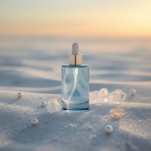 Frasco de vidro azul translúcido em uma praia de areia branca ao entardecer, com pequenas pérolas e cristais transparentes ao redor, refletindo a calma do oceano.