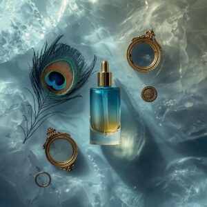 Frasco de vidro em degradê azul e dourado, posicionado onde o rio encontra o mar, com penas de pavão e espelhos antigos na composição.