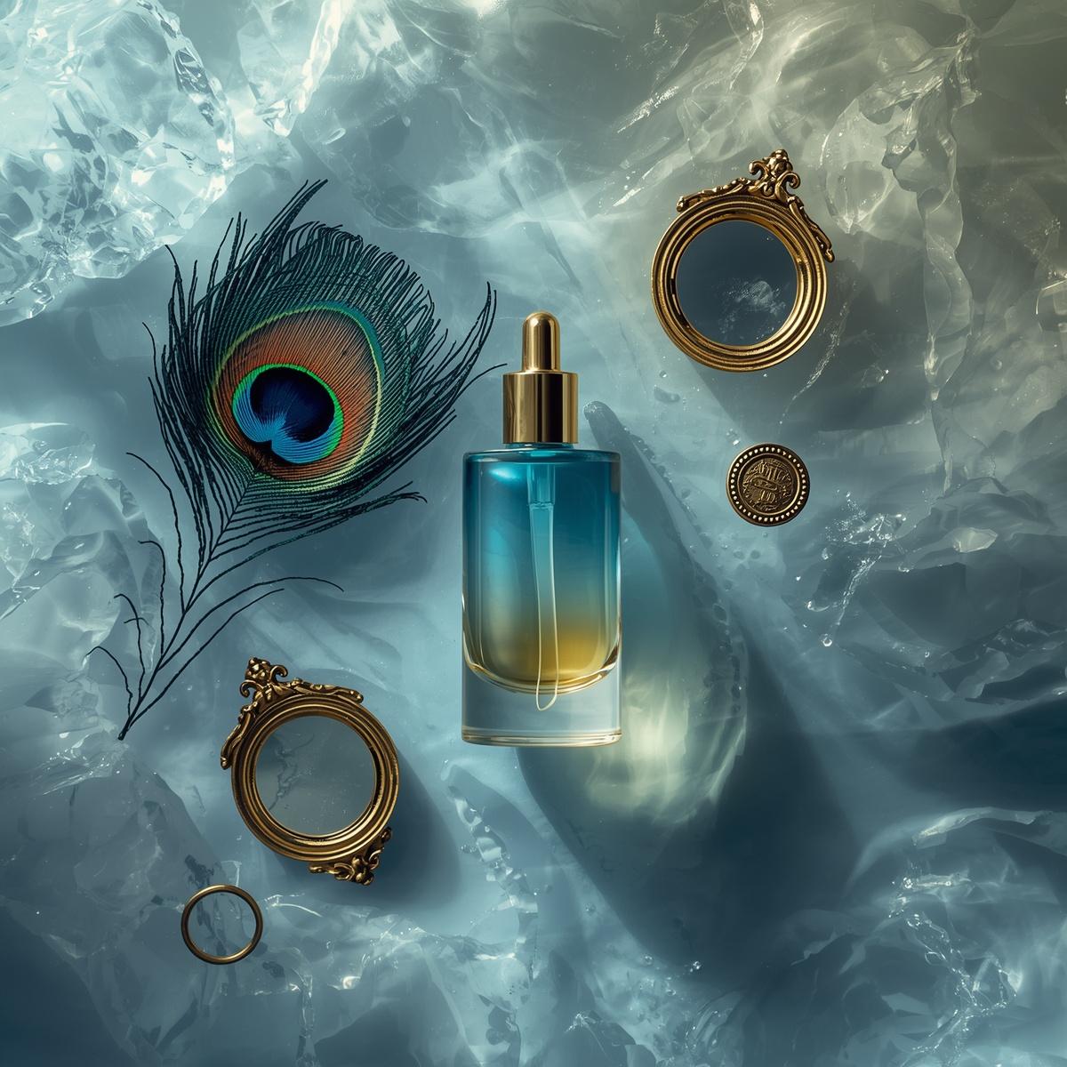 Frasco de vidro em degradê azul e dourado, posicionado onde o rio encontra o mar, com penas de pavão e espelhos antigos na composição.