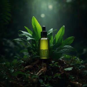 Frasco de vidro transparente revelando um óleo esverdeado, escondido entre diversas folhas medicinais frescas e raízes aparentes, iluminação de floresta tropical.