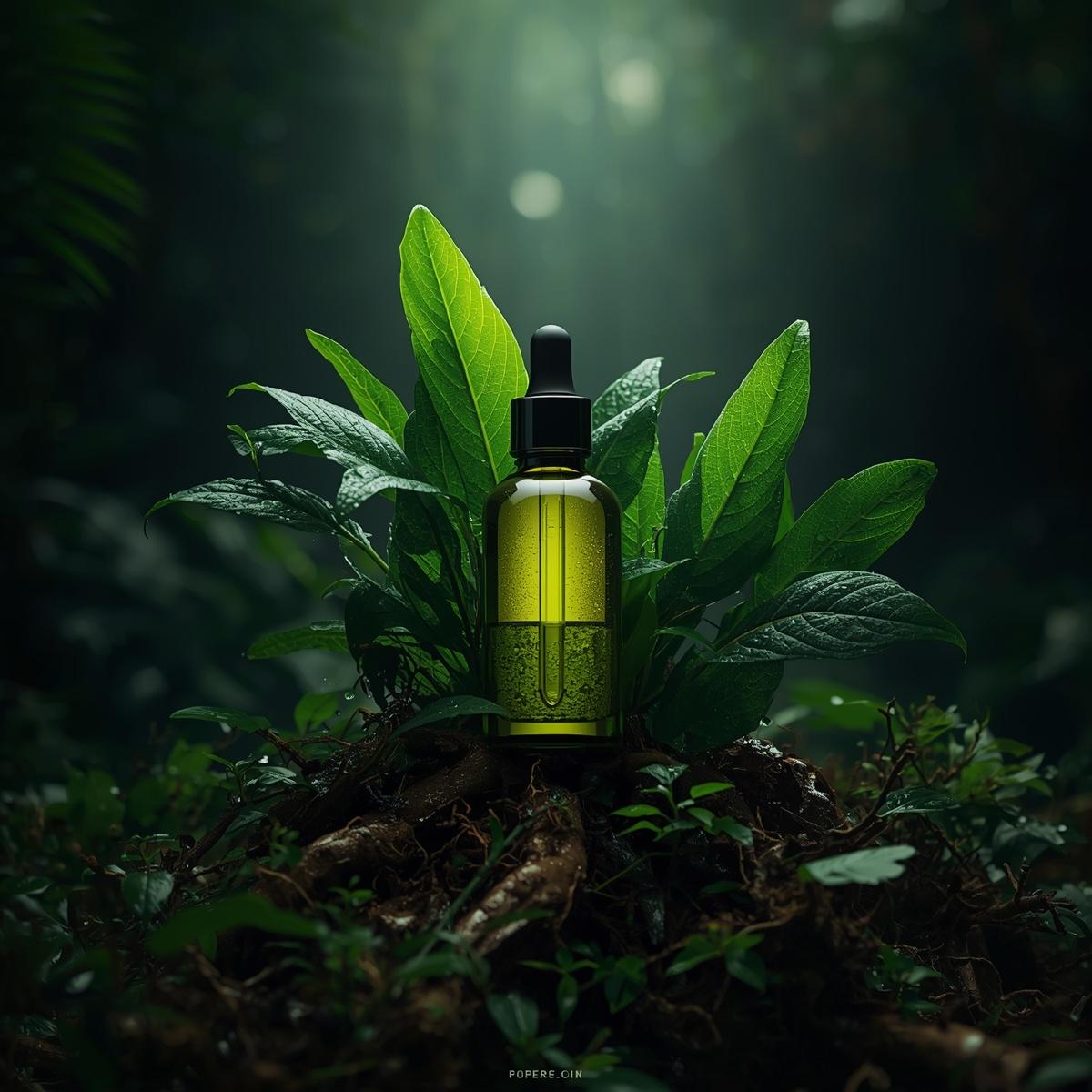 Frasco de vidro transparente revelando um óleo esverdeado, escondido entre diversas folhas medicinais frescas e raízes aparentes, iluminação de floresta tropical.