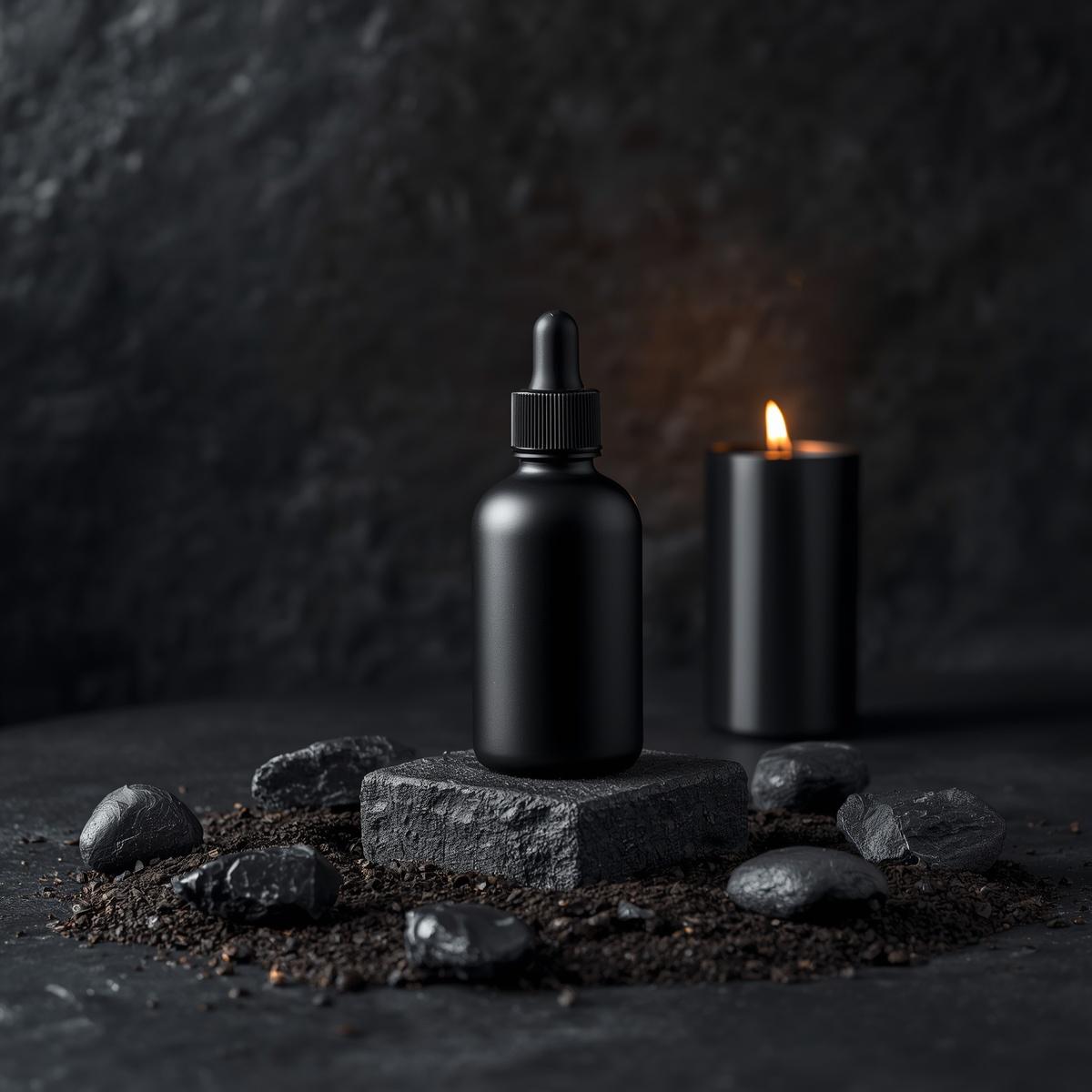 Frasco de vidro preto fosco sobre uma base de pedra escura, cercado por terra seca, pedras de ônix e uma vela preta acesa ao fundo, estética de proteção profunda.
