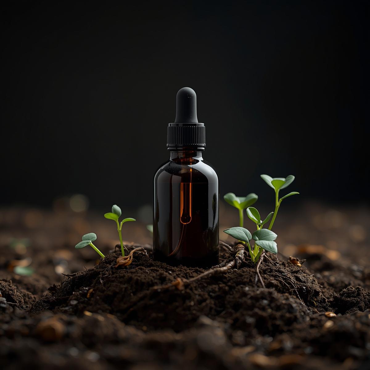 Óleo Ventre da Terra (Onilé): Frasco de vidro marrom escuro parcialmente enterrado em terra fértil e rica, com brotos de plantas nascendo ao redor, simbolizando ancestralidade e vida.