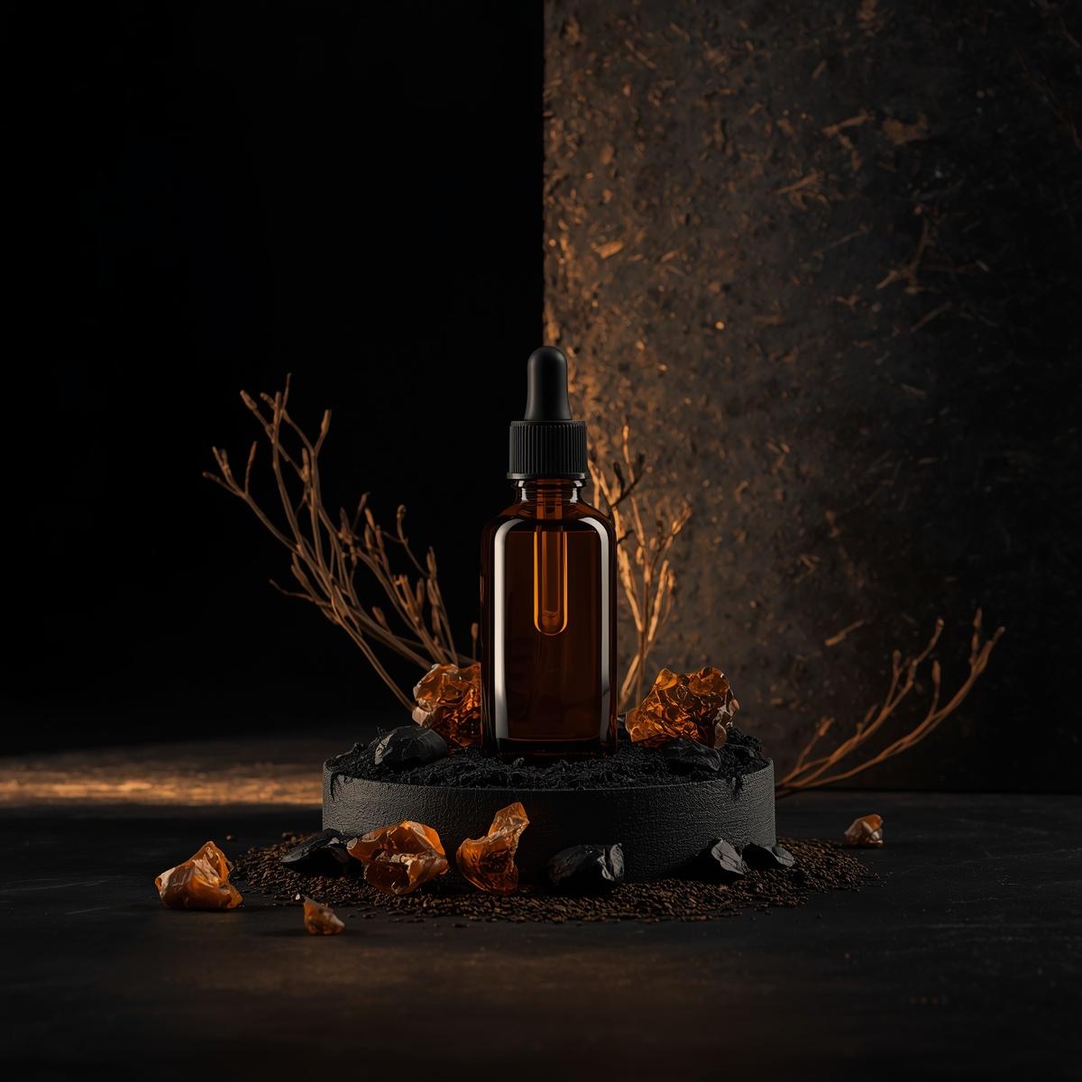 Frasco de vidro âmbar com o Óleo Senhor da Terra, posicionado entre raízes de vetiver e resinas de mirra, simbolizando a conexão com a terra e a cura ancestral.