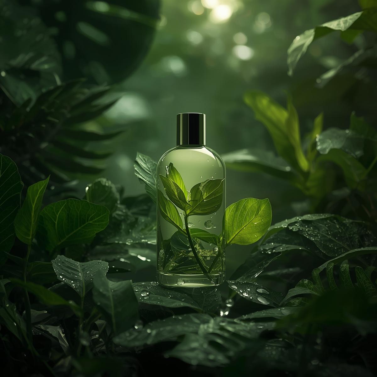 Frasco de shampoo botânico com extratos de ervas visíveis, cercado por uma profusão de folhas verdes tropicais e gotas de orvalho.