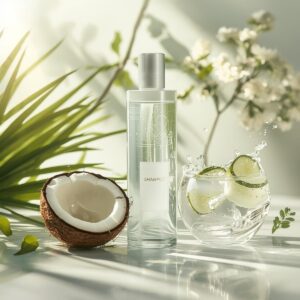 Frasco de shampoo transparente e refrescante ao lado de um coco aberto com água, em um ambiente ensolarado e lúdico de jardim.
