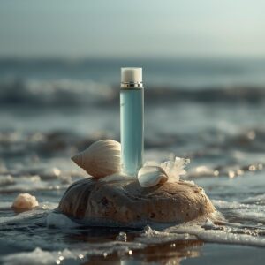 Frasco de shampoo em vidro transparente translucido com azul suave minimalista, posicionado sobre uma rocha molhada à beira-mar. Ao redor, conchas naturais, cristais de água-marinha e uma leve espuma branca que remete às ondas do mar. Iluminação natural de manhã cedo, capturando o frescor e a serenidade da regência de Iemanjá.