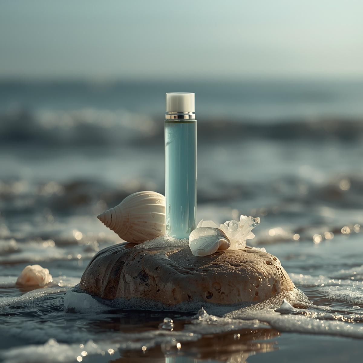 Frasco de shampoo em vidro transparente translucido com azul suave minimalista, posicionado sobre uma rocha molhada à beira-mar. Ao redor, conchas naturais, cristais de água-marinha e uma leve espuma branca que remete às ondas do mar. Iluminação natural de manhã cedo, capturando o frescor e a serenidade da regência de Iemanjá.
