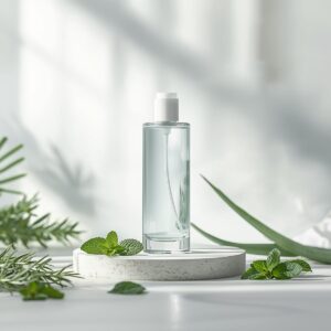 Frasco de shampoo minimalista em ambiente de spa, rodeado por ramos de eucalipto fresco, hortelã e pedras de ametista, transmitindo frescor e limpeza mental.