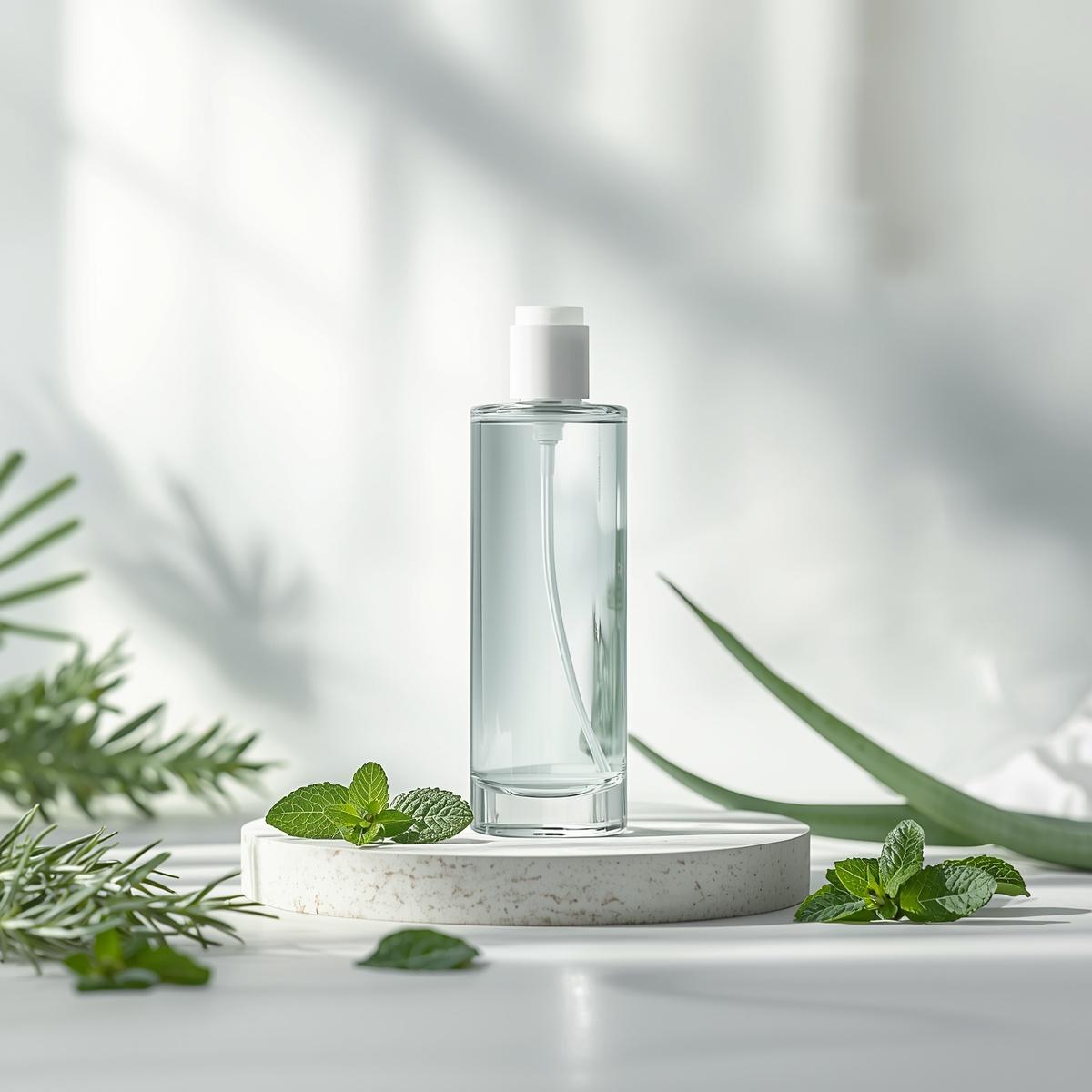 Frasco de shampoo minimalista em ambiente de spa, rodeado por ramos de eucalipto fresco, hortelã e pedras de ametista, transmitindo frescor e limpeza mental.