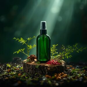 Frasco de tônico com spray, cercado por raízes fortes e sementes de guaraná, simbolizando crescimento e vigor capilar.