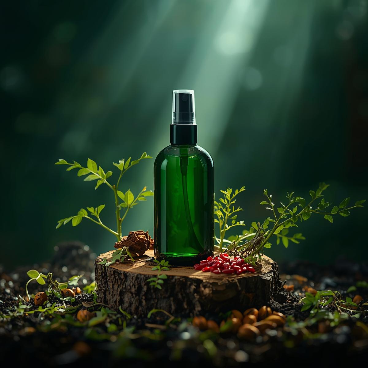 Frasco de tônico com spray, cercado por raízes fortes e sementes de guaraná, simbolizando crescimento e vigor capilar.