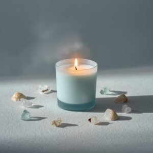 Vela artesanal em tons de azul claro, decorada com mini conchas, cristais de Água-marinha e sal grosso, emanando uma luz suave e acolhedora.