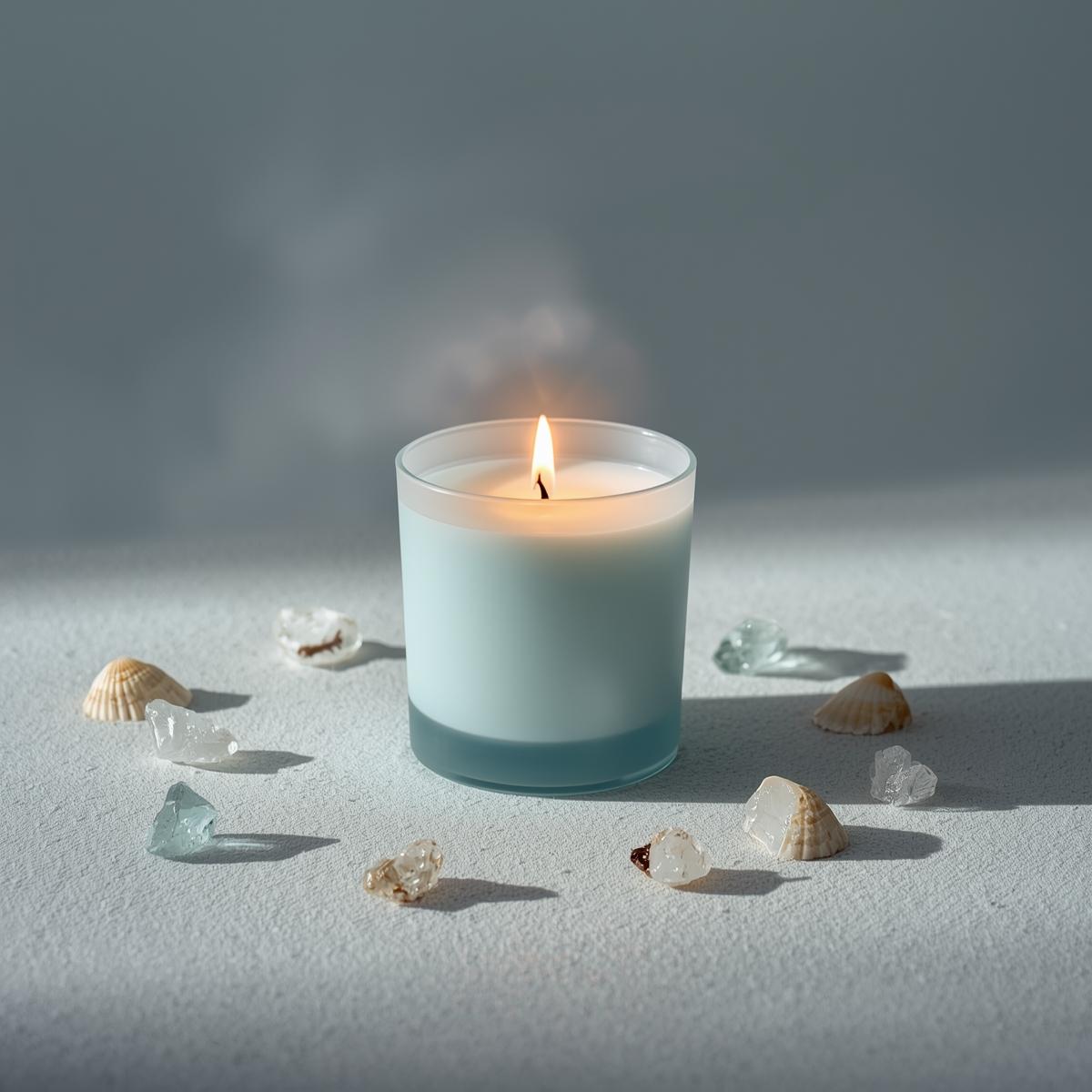 Vela artesanal em tons de azul claro, decorada com mini conchas, cristais de Água-marinha e sal grosso, emanando uma luz suave e acolhedora.