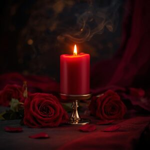 Vela vermelha intensa acesa em um castiçal de metal trabalhado, rodeada por rosas vermelhas abertas e fumaça de incenso atraente.