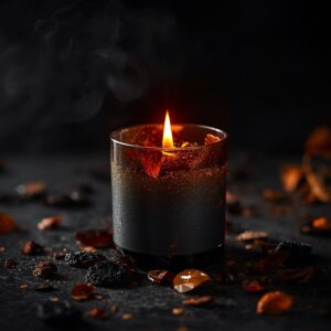 Vela de cor cinza chumbo ou preta, decorada com pétalas de rosa desidratadas e pedras de ágata de fogo, evocando purificação pelo elemento fogo.