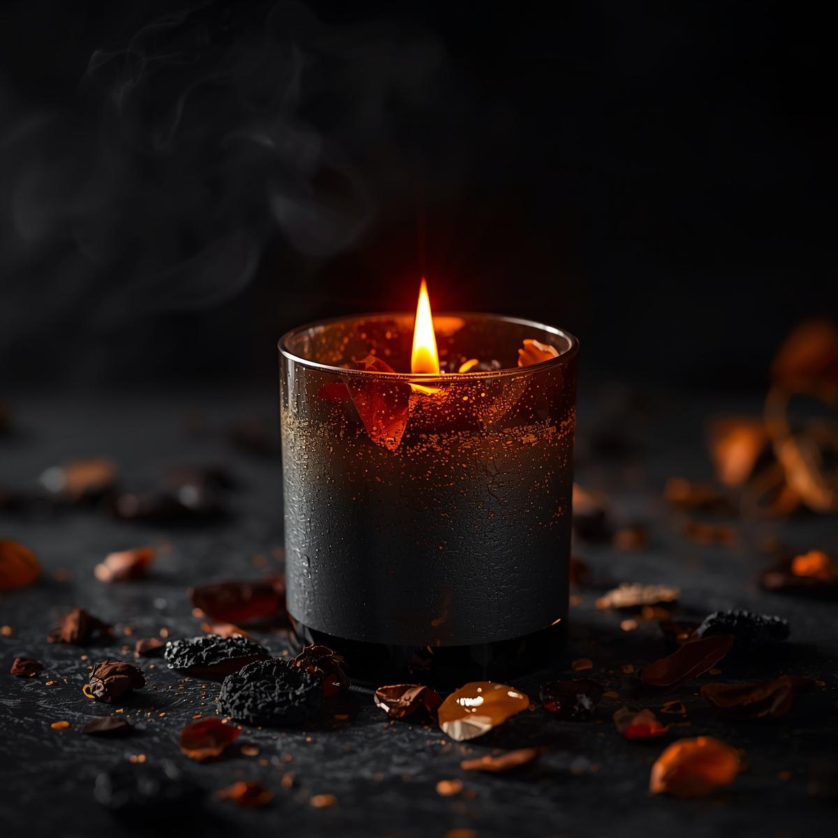 Vela de cor cinza chumbo ou preta, decorada com pétalas de rosa desidratadas e pedras de ágata de fogo, evocando purificação pelo elemento fogo.
