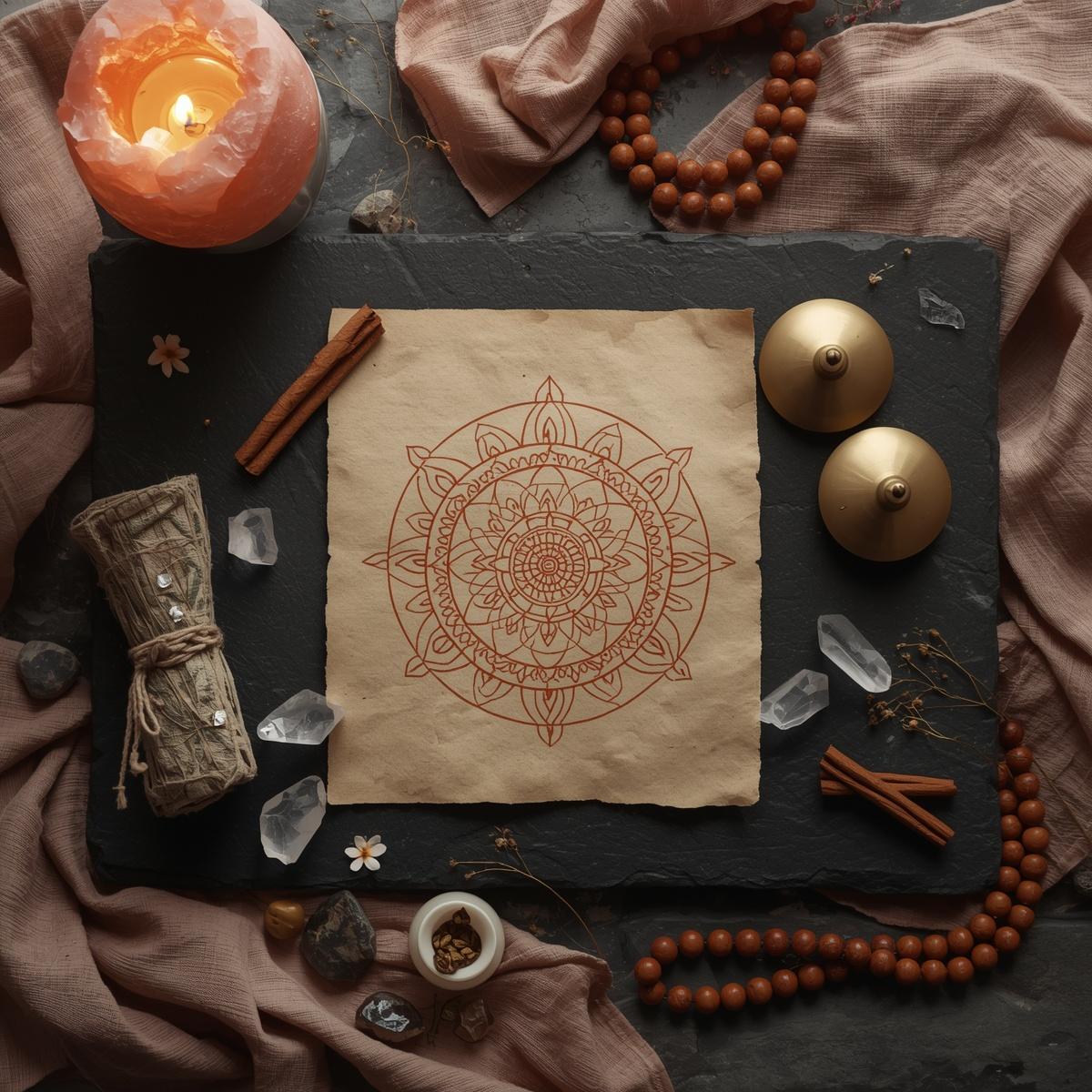 Sri Yantra desenhado à mão sobre pergaminho ao lado de tigela de canto tingsha, mala de rudraksha, sálvia, canela, cristais de quartzo e luz de sal rosa