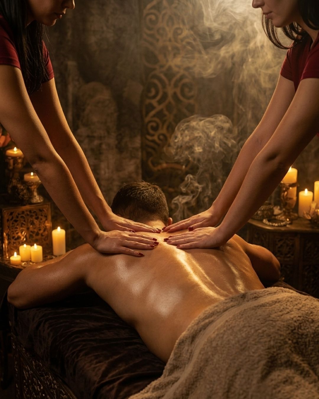 Homem recebendo massagem a 4 mãos no Instituto Orum em ambiente acolhedor e seguro. Atmosfera tântrica revelada com velas e incensos.
