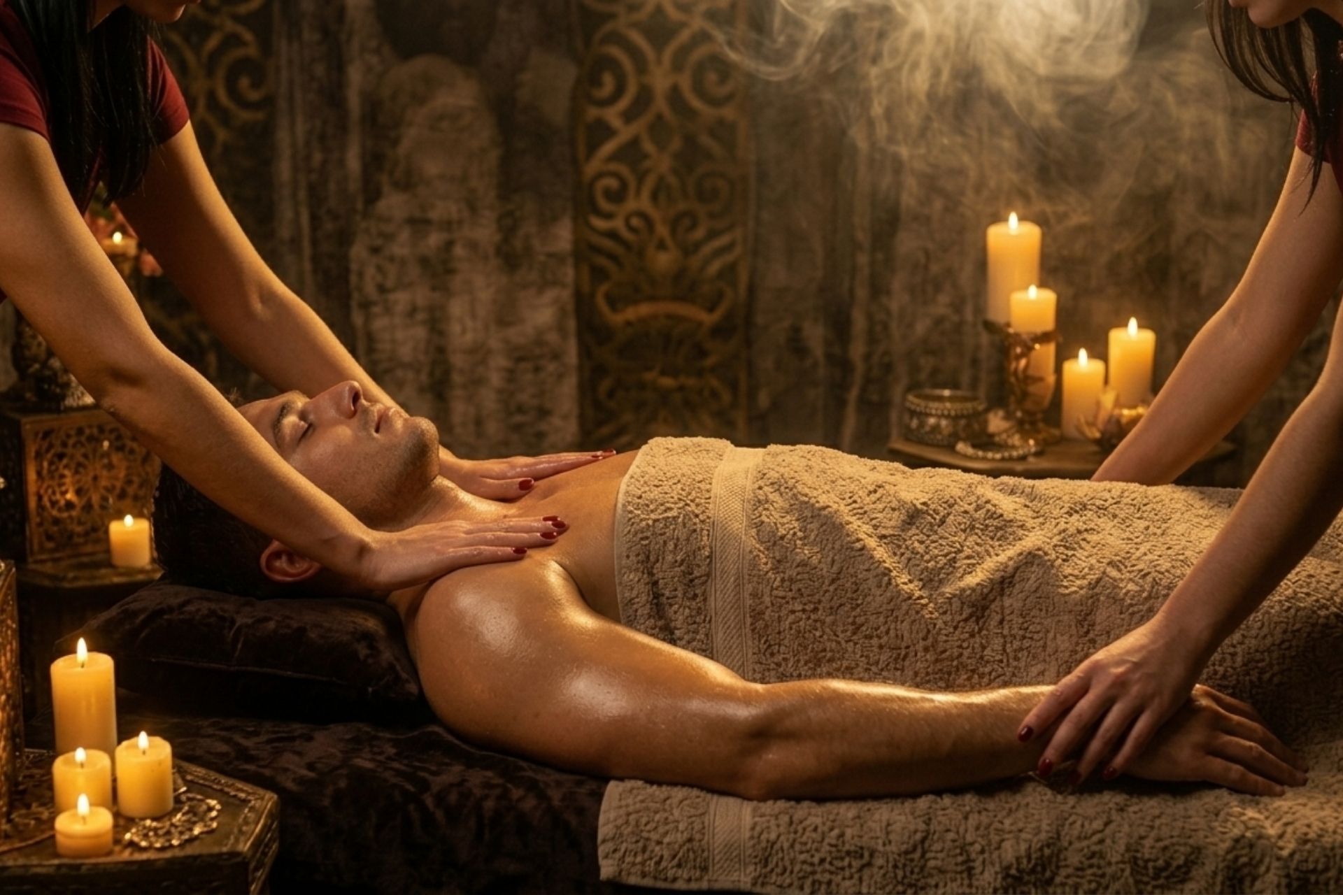 Homem relaxando sereno recebendo massagem a 4 mãos no Instituto Orum em ambiente acolhedor e seguro. Atmosfera tântrica revelada com velas e incensos.