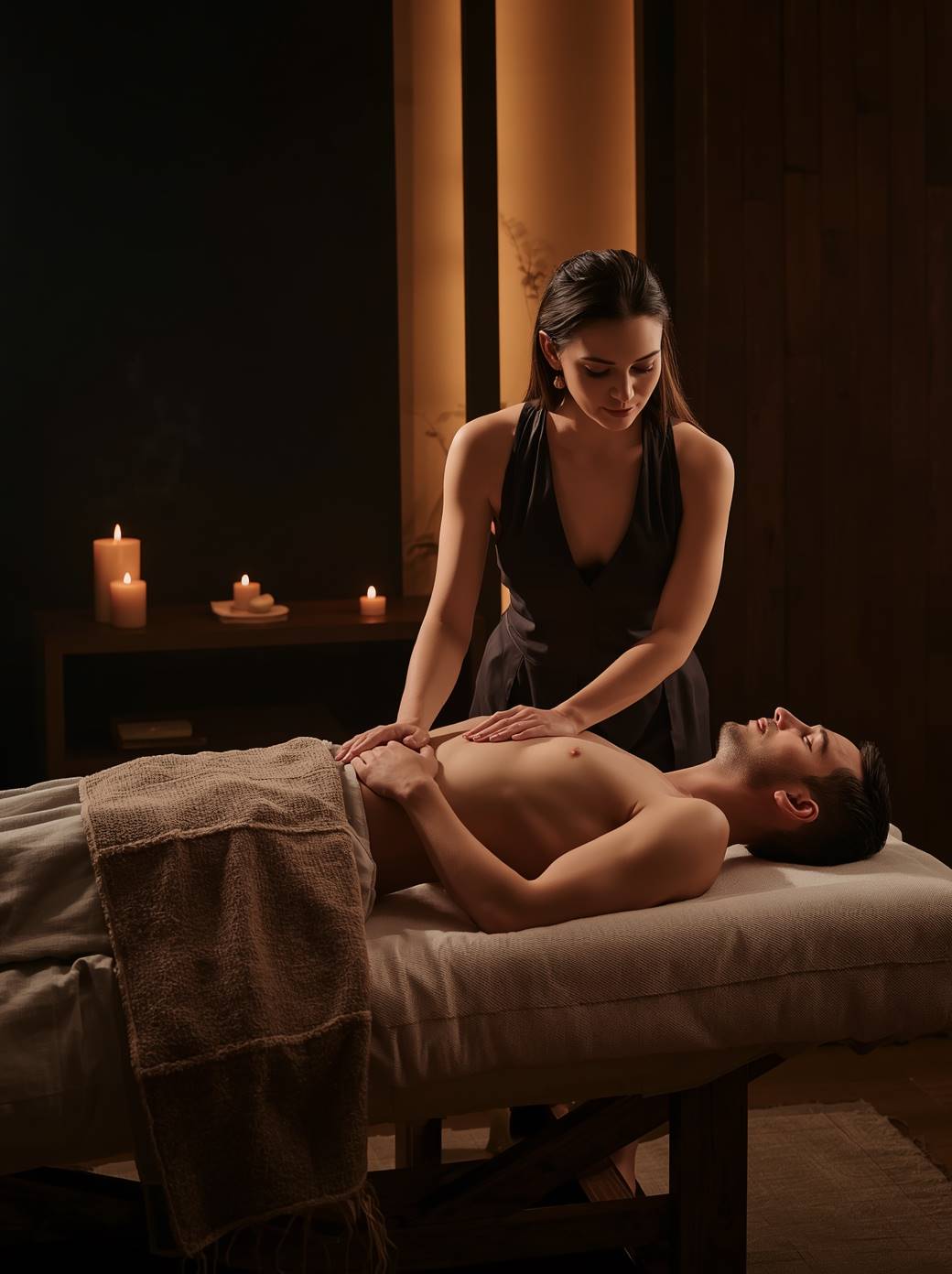 Terapeuta realizando massagem lingam em homem em ambiente terapêutico relaxante e acolhedor a luz de velas e incensos.